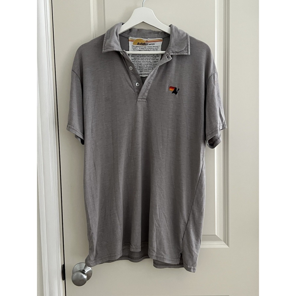 Aviator Nation Polo Shirt Mens L Gray Made in USA Logo Preppy
